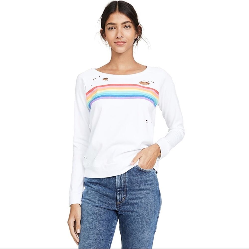 Chaser Distressed Rainbow Stripe Crew Sweatshirt